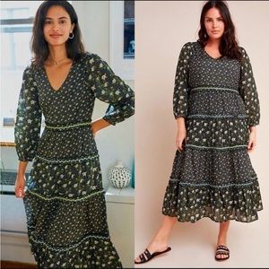 NWT. By Anthropologie Karoline Boho 3/4 Sleeve Tiered Maxi Dress. Size 14. NWT